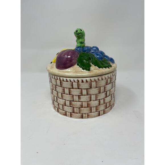 Ceramic Basket Canister Daisies & Caterpillar Lid - Vintage 1973 Pottery -Signed - Picture 3 of 9